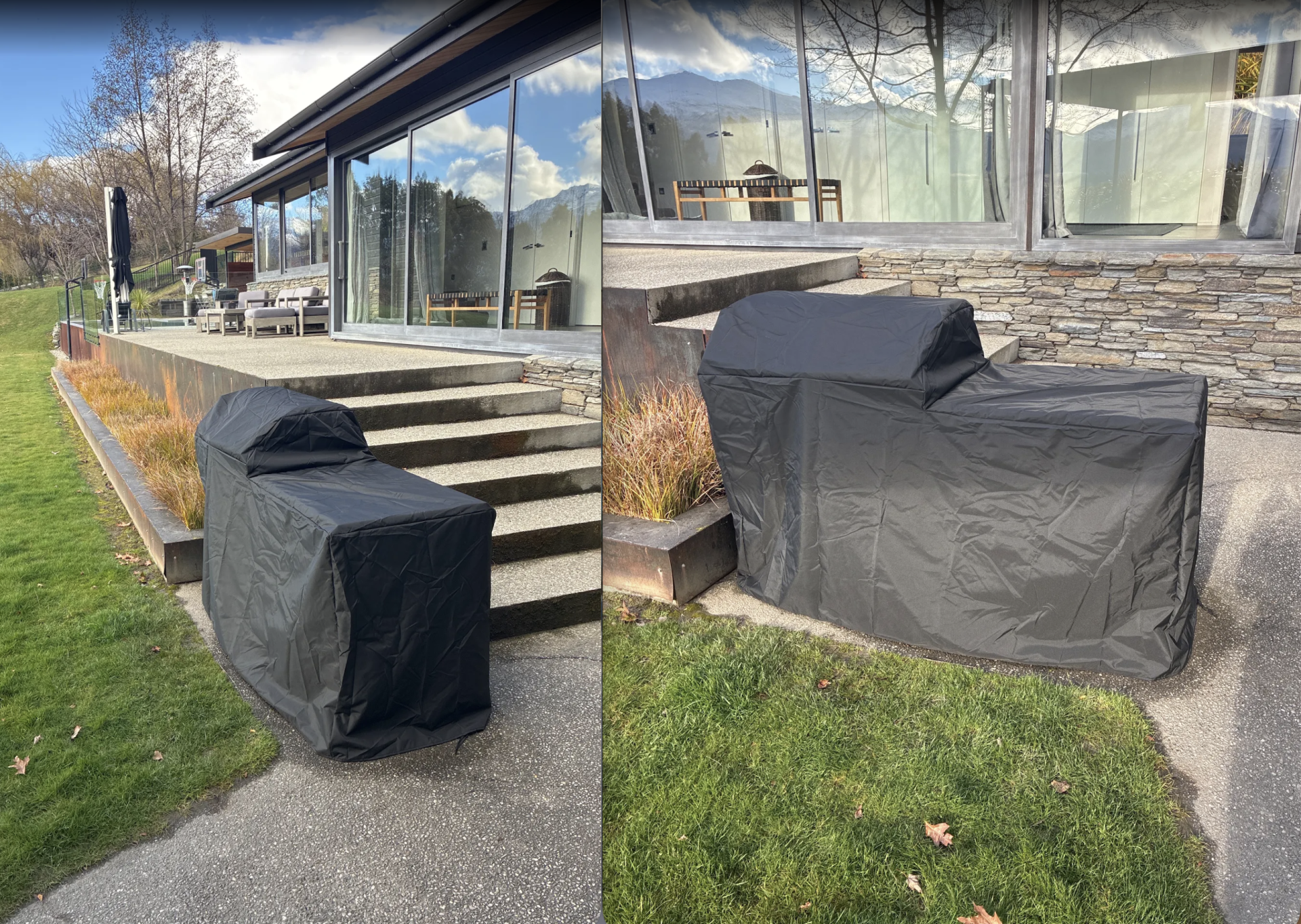 Custom made built-in grill cover in black fitted over an outdoor grill kitchen - The Cover Company USA